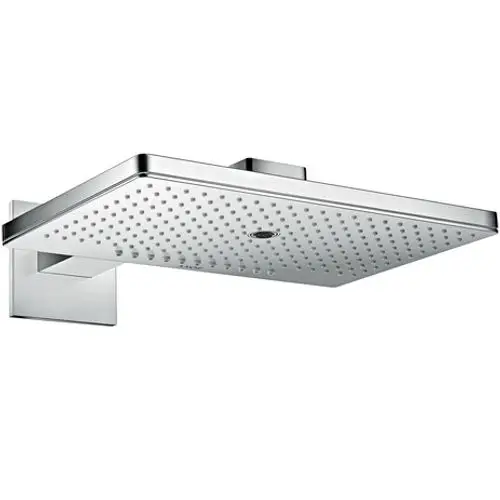 Kopfbrause in chromfarbenem Design mit eckiger Form und mehreren Duschstrahlen, montiert an einem Wandarm. Produkt von AXOR.